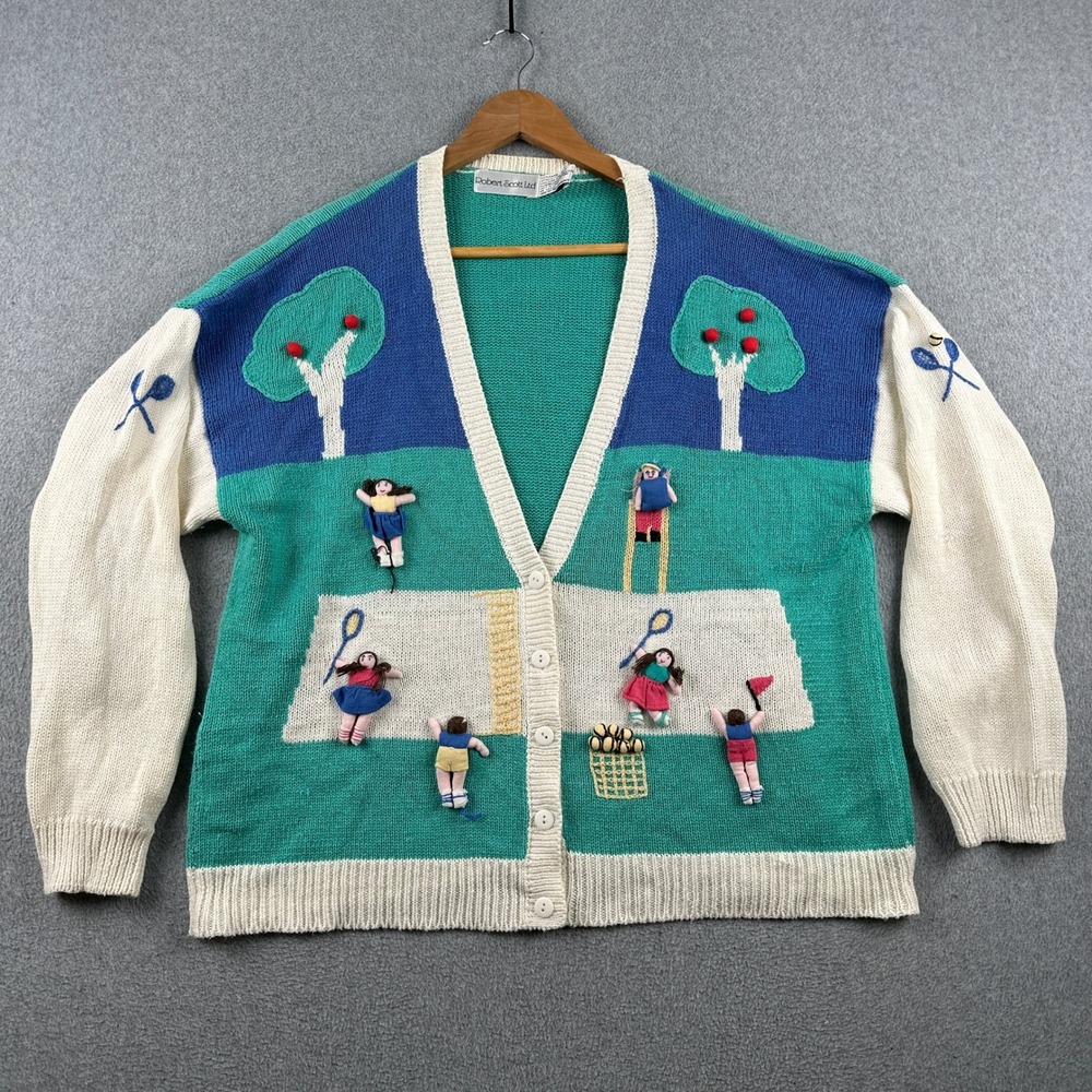 Vintage 90s Robert Scott Ltd Cardigan Womens L Tennis Theme Button-Down Applique